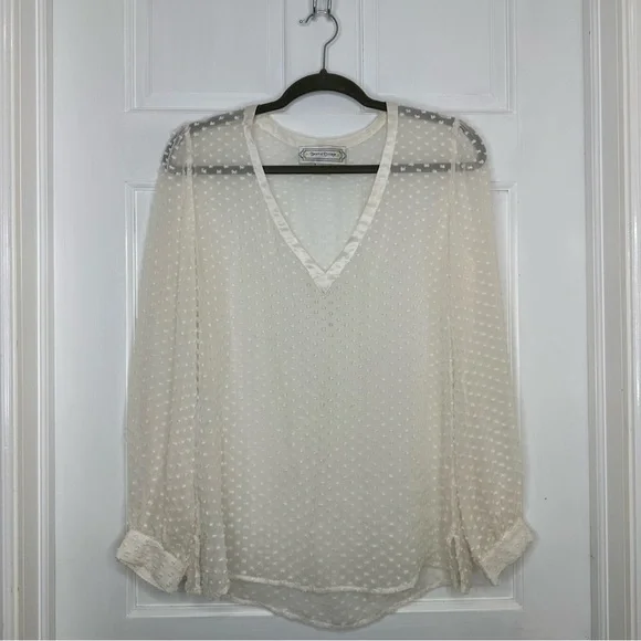 Beyond Vintage Swiss Dot V-Neck Long Sleeve Sheer Silk Top in White - Small - Picture 6 of 16